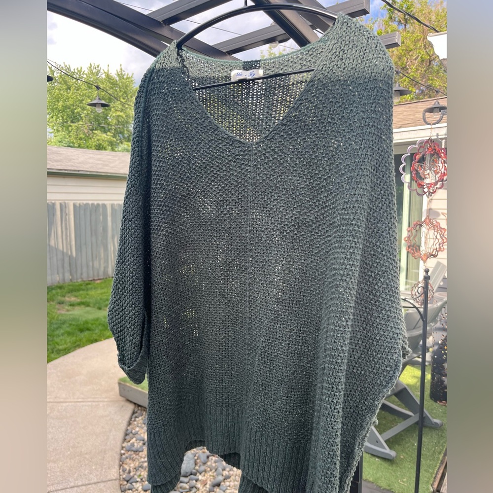 She + Sky Dark Green Open Knit V-Neck Sweater
